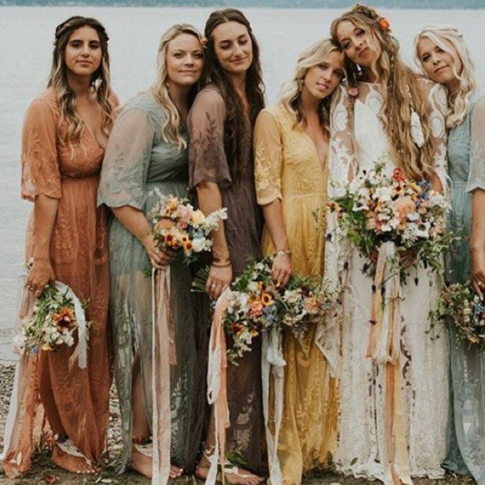 Boho lace maxi romper brown bridesmaid dress - Picture 3 of 5
